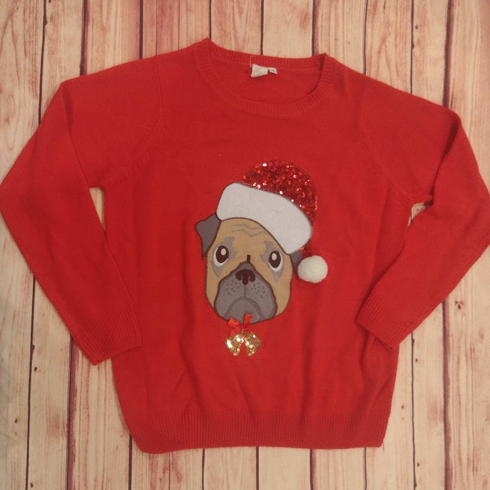 Dari Christmas Sweater Womens Size XL Santa Pup Pug sequins hat red. Ugly